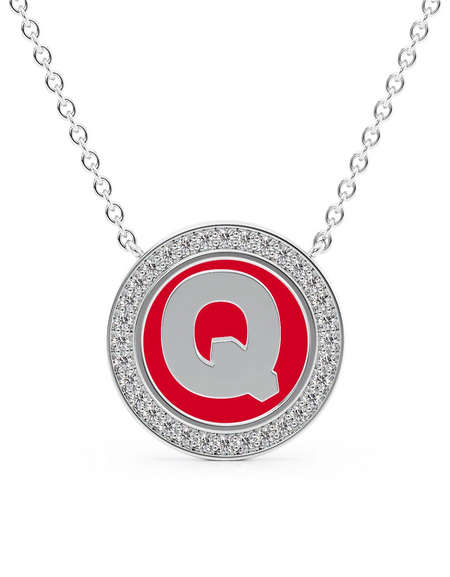 14K White Gold Red Q Initial Disk Pendant
