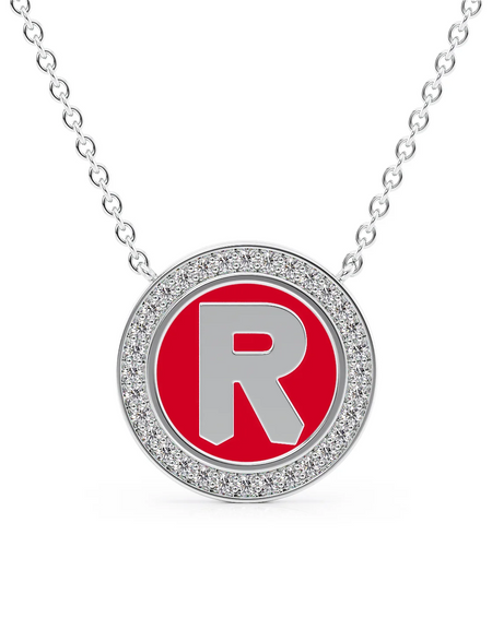 14K White Gold Red R Initial Disk Pendant