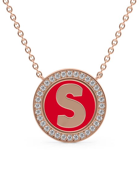 14K Rose Gold Red S Initial Disk Pendant
