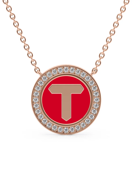 14K Rose Gold Red T Initial Disk Pendant