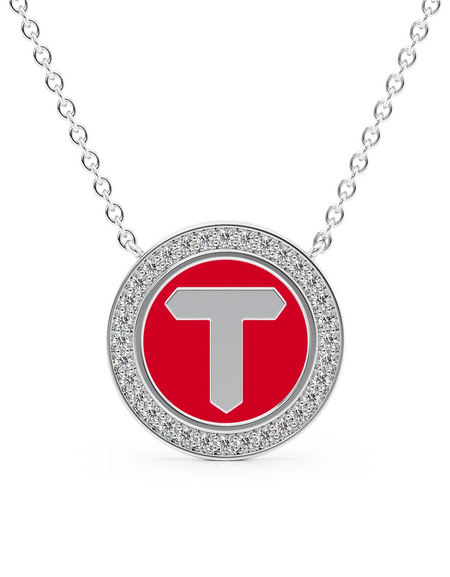 14K White Gold Red T Initial Disk Pendant