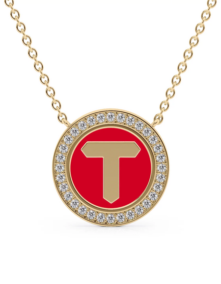 14K Yellow Gold Red T Initial Disk Pendant