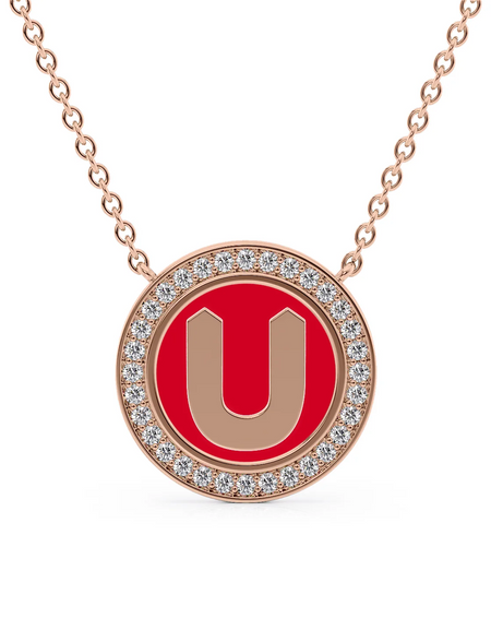 14K Rose Gold Red U Initial Disk Pendant