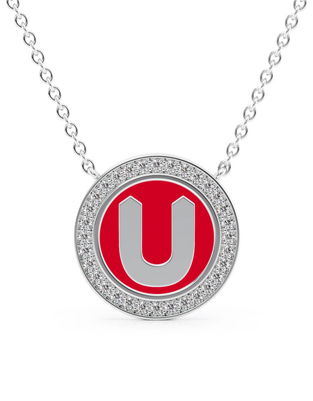 14K White Gold Red U Initial Disk Pendant