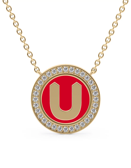 14K Yellow Gold Red U Initial Disk Pendant