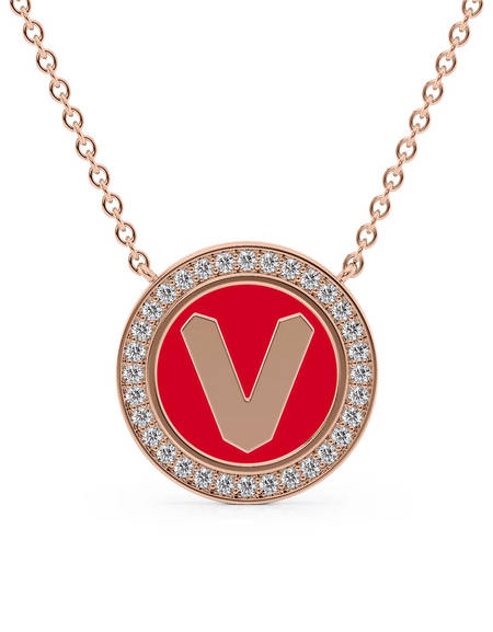 14K Rose Gold Red V Initial Disk Pendant