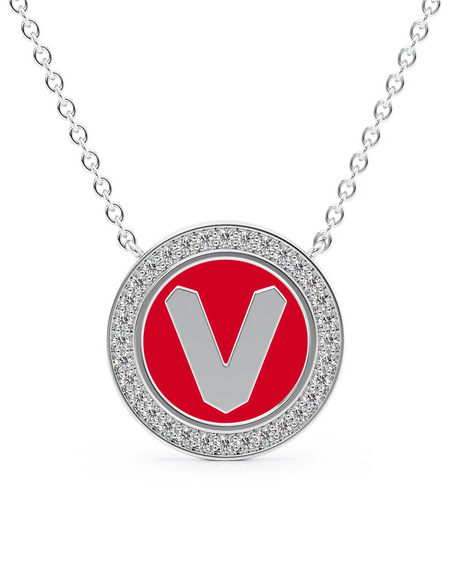 14K White Gold Red V Initial Disk Pendant