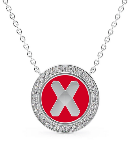 14K White Gold Red X Initial Disk Pendant