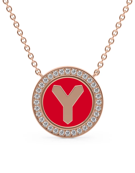 14K Rose Gold Red Y Initial Disk Pendant