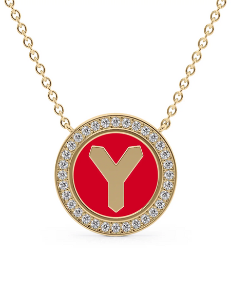 14K Yellow Gold Red Y Initial Disk Pendant