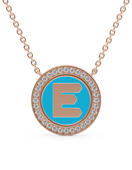 14K Rose Gold Turquoise E Initial Disk Pendant