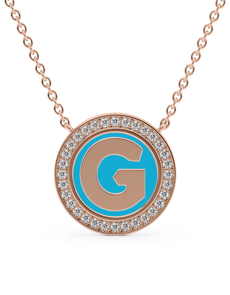 14K Rose Gold Turquoise G Initial Disk Pendant