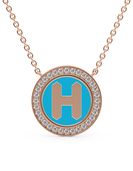14K Rose Gold Turquoise H Initial Disk Pendant