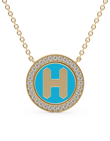 14K Yellow Gold Turquoise H Initial Disk Pendant