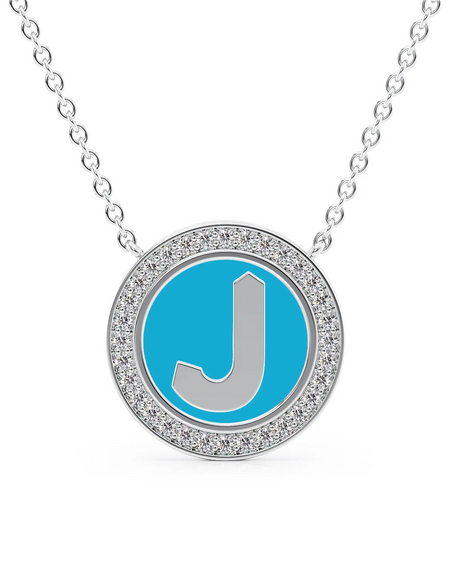 14K White Gold Turquoise J Initial Disk Pendant