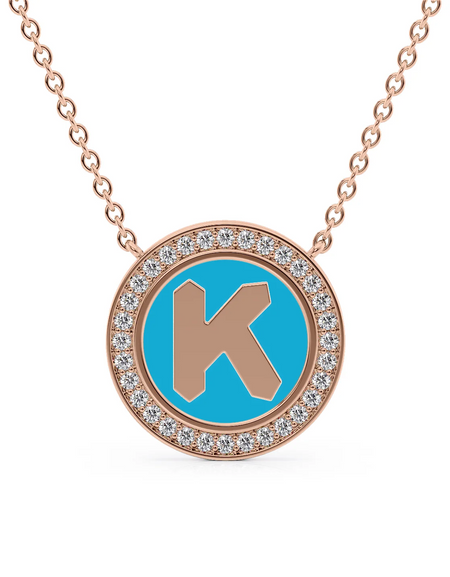 14K Rose Gold Turquoise K Initial Disk Pendant