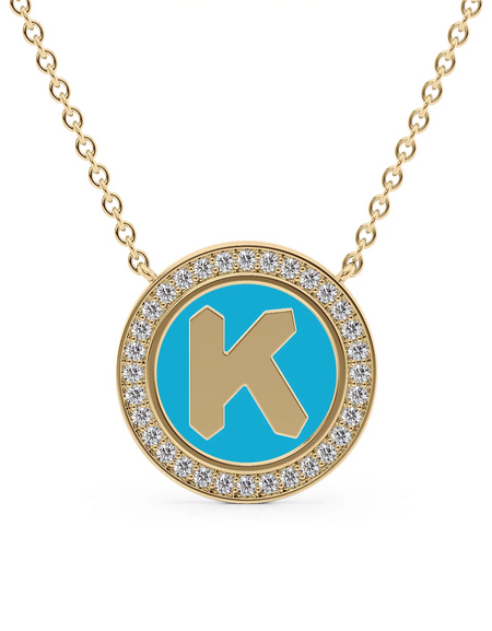 14K Yellow Gold Turquoise K Initial Disk Pendant
