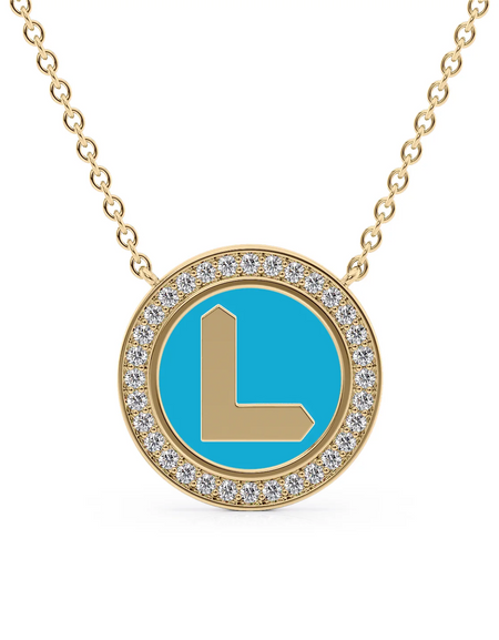 14K Yellow Gold Turquoise L Initial Disk Pendant