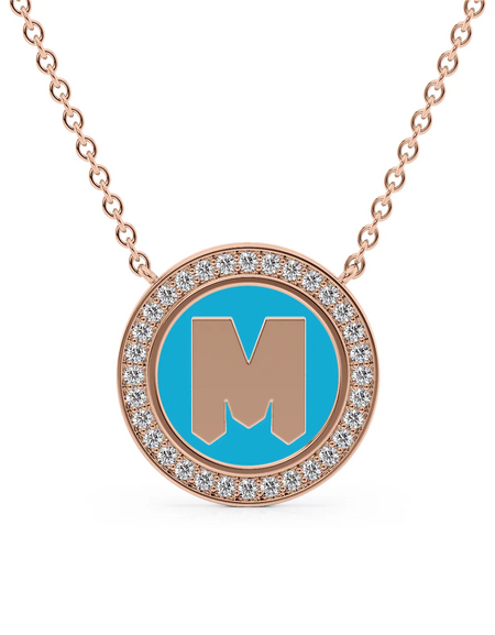 14K Rose Gold Turquoise M Initial Disk Pendant