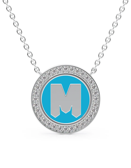 14K White Gold Turquoise M Initial Disk Pendant