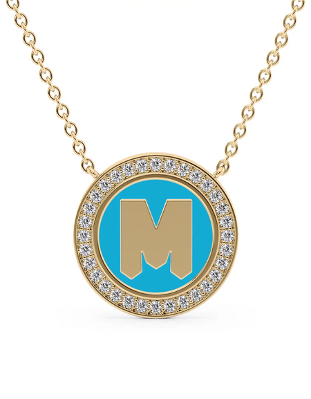 14K Yellow Gold Turquoise M Initial Disk Pendant