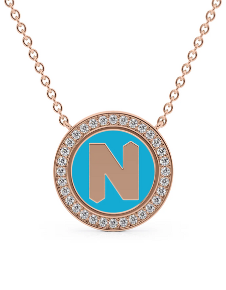 14K Rose Gold Turquoise N Initial Disk Pendant