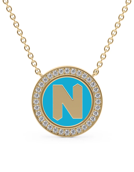 14K Yellow Gold Turquoise N Initial Disk Pendant