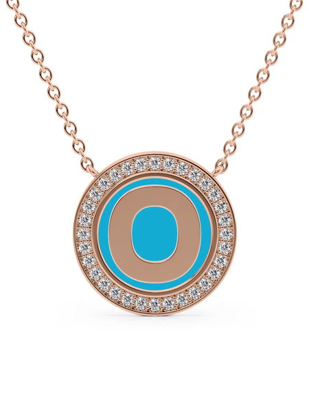 14K Rose Gold Turquoise O Initial Disk Pendant