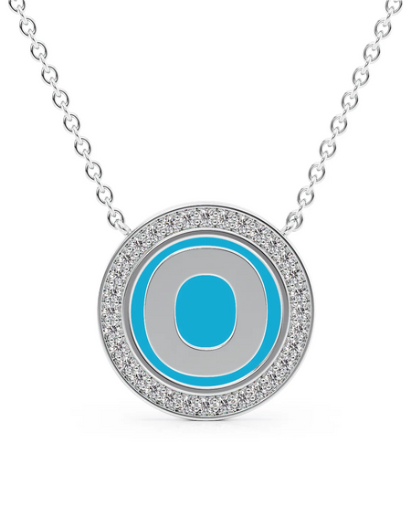 14K White Gold Turquoise O Initial Disk Pendant