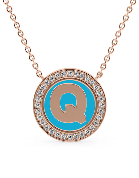 14K Rose Gold Turquoise Q Initial Disk Pendant