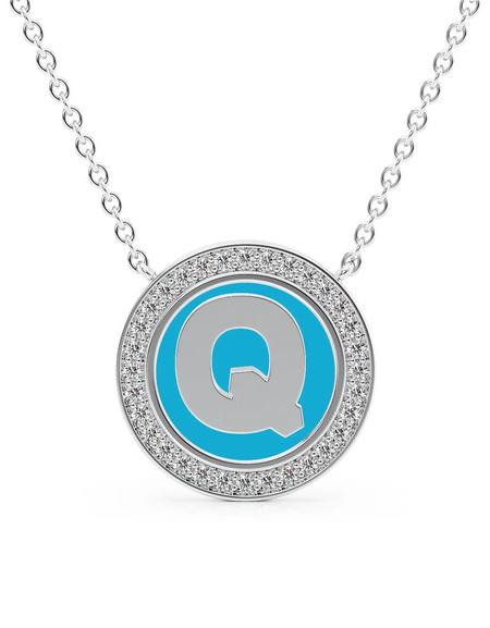 14K White Gold Turquoise Q Initial Disk Pendant