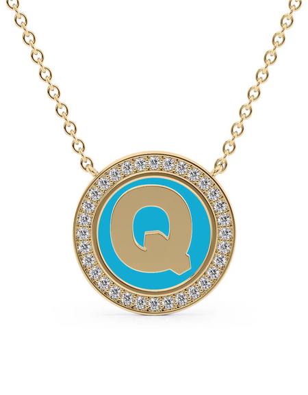 14K Yellow Gold Turquoise Q Initial Disk Pendant