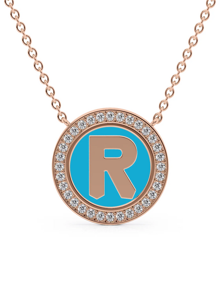 14K Rose Gold Turquoise R Initial Disk Pendant