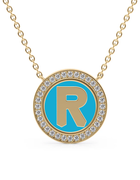 14K Yellow Gold Turquoise R Initial Disk Pendant