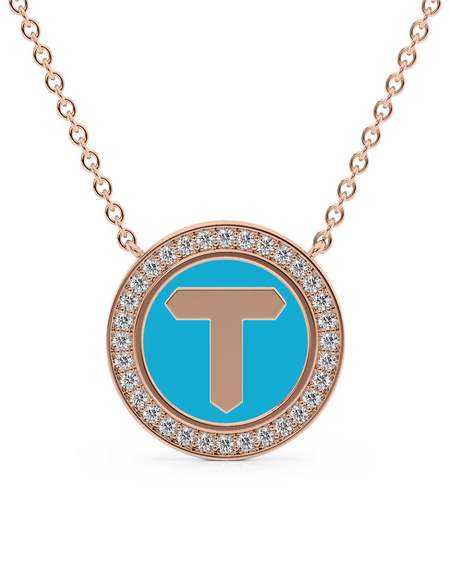 14K Rose Gold Turquoise T Initial Disk Pendant