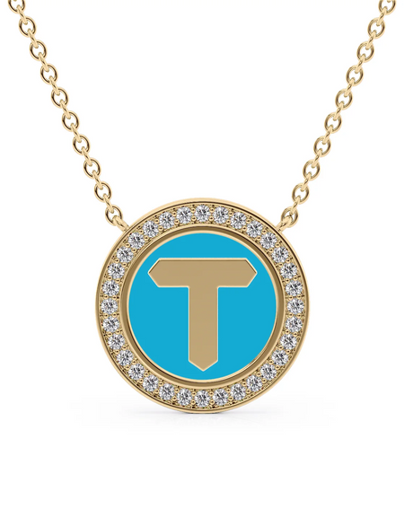 14K Yellow Gold Turquoise T Initial Disk Pendant