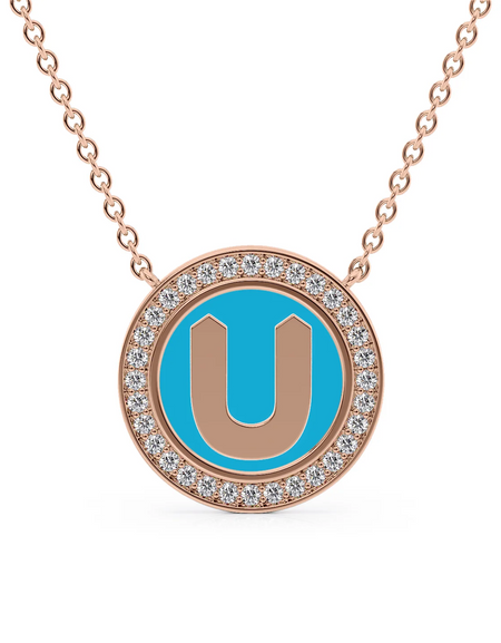 14K Rose Gold Turquoise U Initial Disk Pendant