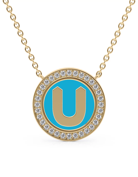 14K Yellow Gold Turquoise U Initial Disk Pendant