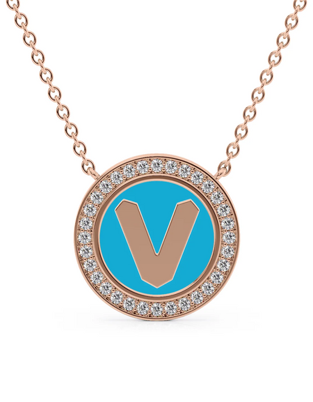 14K Rose Gold Turquoise V Initial Disk Pendant