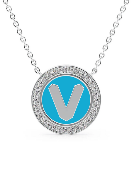 14K White Gold Turquoise V Initial Disk Pendant