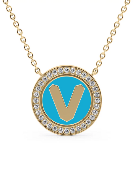 14K Yellow Gold Turquoise V Initial Disk Pendant