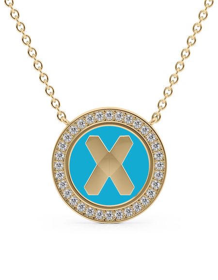 14K Yellow Gold Turquoise X Initial Disk Pendant