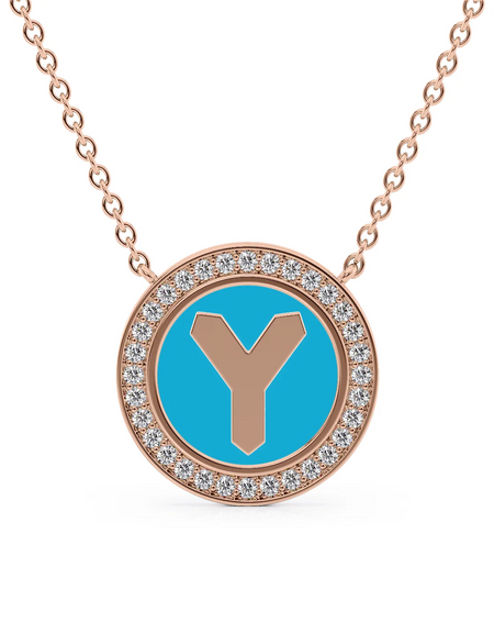 14K Rose Gold Turquoise Y Initial Disk Pendant
