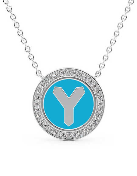 14K White Gold Turquoise Y Initial Disk Pendant