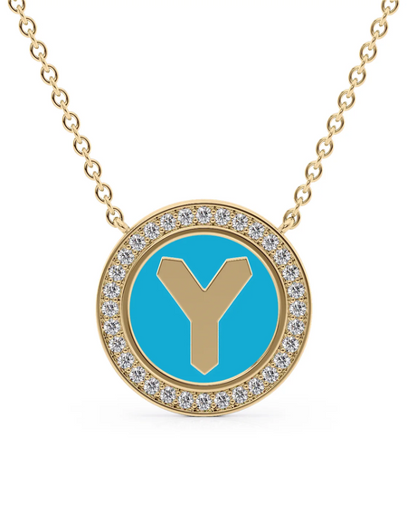 14K Yellow Gold Turquoise Y Initial Disk Pendant