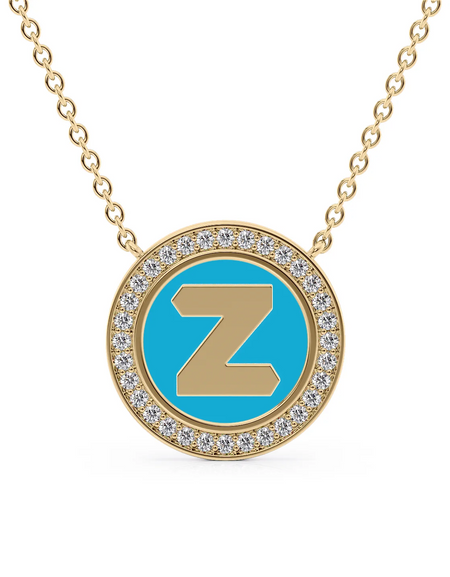 14K Yellow Gold Turquoise Z Initial Disk Pendant