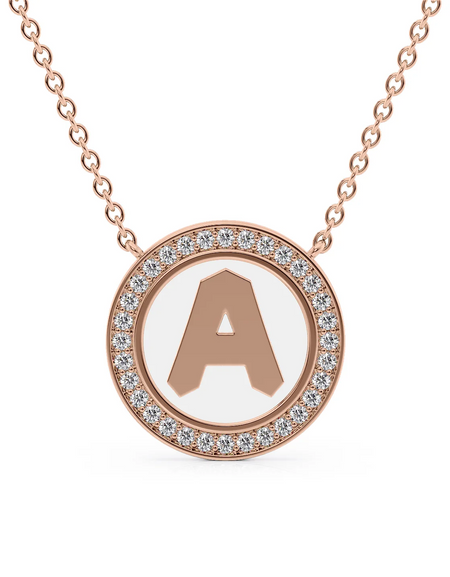 14K Rose Gold White A Initial Disk Pendant