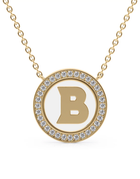 14K Yellow Gold White B Initial Disk Pendant