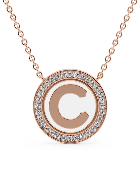 14K Rose Gold White C Initial Disk Pendant