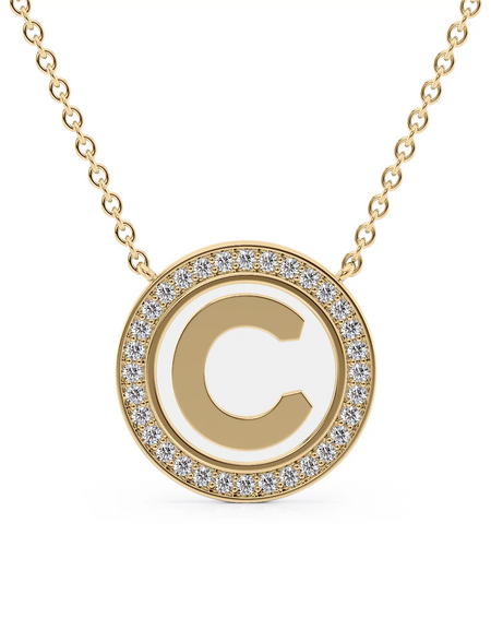 14K Yellow Gold White C Initial Disk Pendant